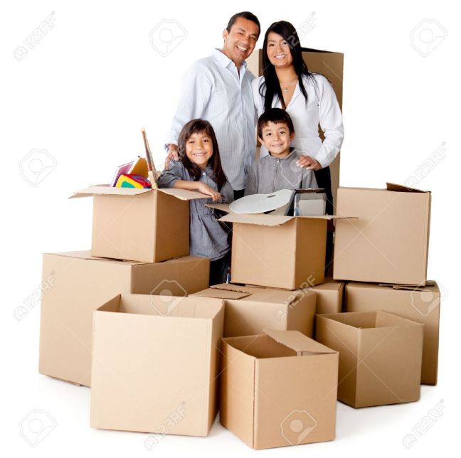 12198226-Family-packing-in-boxes-for-moving-house-isolated-over-a-white-background-Stock-Photo